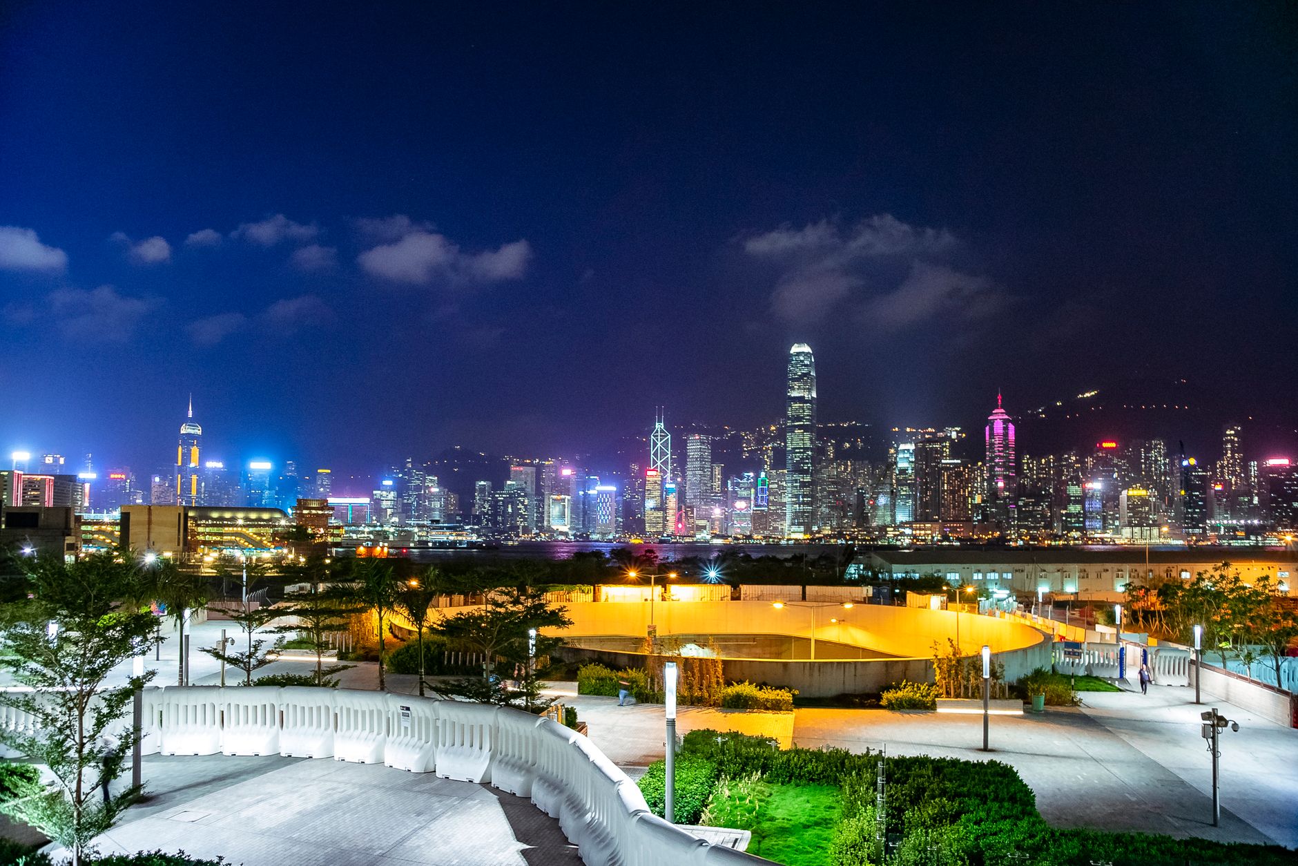Nocna panorama rozświetlonego Hongkongu widziana z miejskiego parku